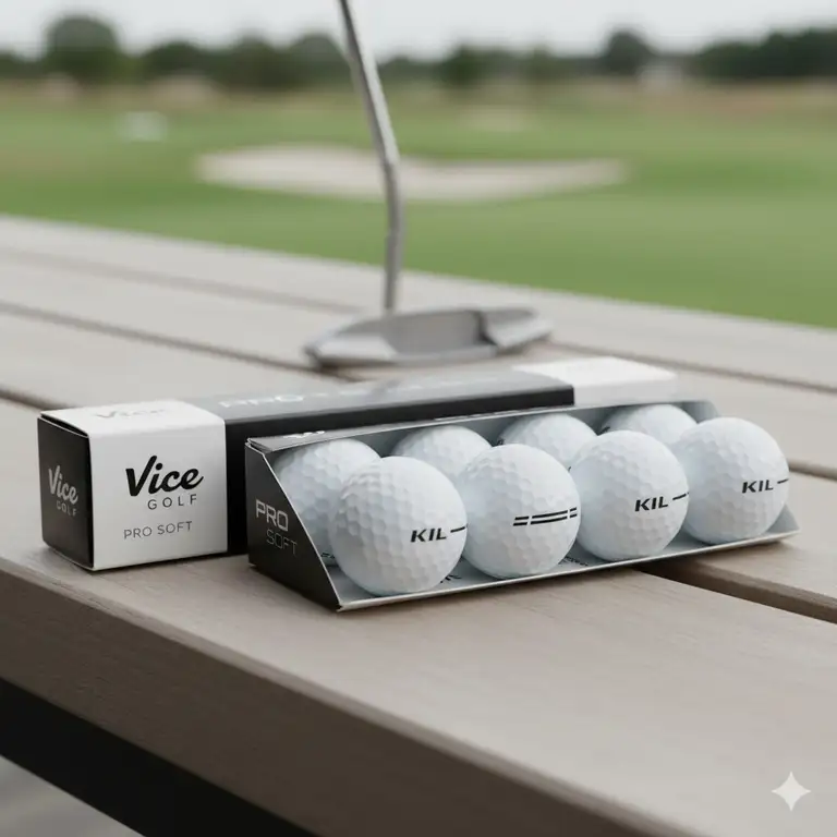 A dozen Vice Pro Soft golf balls in their packaging, showcasing the new 2023 glossy white finish and distinctive KIL alignment aid.