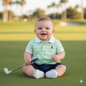 A baby wearing the cute infant golf outfit set baby golf outfit newborn golf outfit on the green.