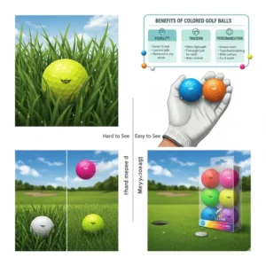 Close-up of a bright yellow colored golf balls easily visible in the deep green rough grass.