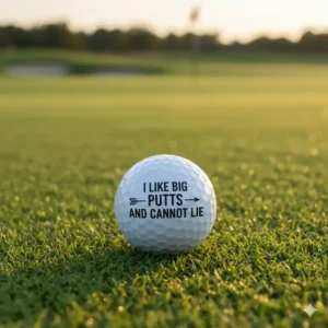 Close-up of a white golf ball with a funny golf balls slogan printed in black text, ready to be teed up.