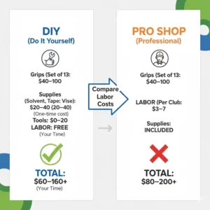 Infographic comparing how much does it cost to regrip golf clubs yourself versus professional installation, highlighting labor fees.