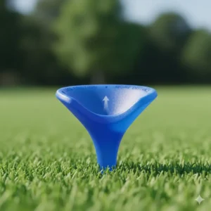 Close-up of the large, unique plastic cup on the martini tees for golf, designed to reduce friction and improve distance.