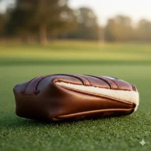 Close-up of a premium blade putter headcover made of genuine leather, showing the durable stitching and soft interior lining.