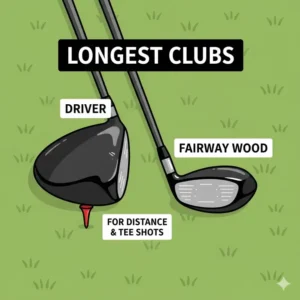 Close-up view of a golf Driver and Fairway Wood, typically the clubs used for the longest shots off the tee, part of how many clubs are in a set of golf clubs.