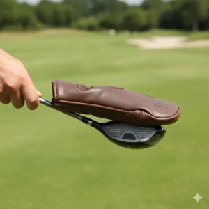 Side view of the 3 wood golf headcover securely fitted onto a fairway wood, demonstrating the snug, protective fit.