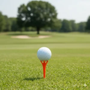 A standard golf ball perfectly perched on a martini tees for golf on the tee box, ready for a driver shot.