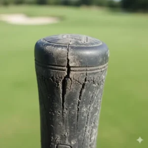Close-up image of a worn and cracked golf club grip, signaling the time for replacement and a factor in how much does it cost to regrip golf clubs.