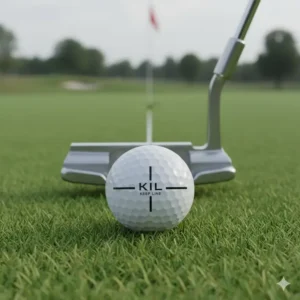 A Vice Pro Soft golf ball on a putting green, clearly showing the 'Keep in Line' (KIL) alignment aid for improved putting accuracy and aim.