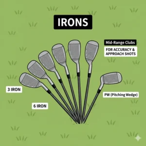 A standard set of golf Irons, ranging from the lower-numbered long irons to the pitching wedge (PW), contributing to how many clubs are in a set of golf clubs.