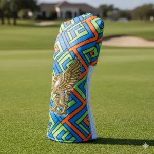 A colorful, custom-designed hybrid golf club cover with a unique embroidered logo.