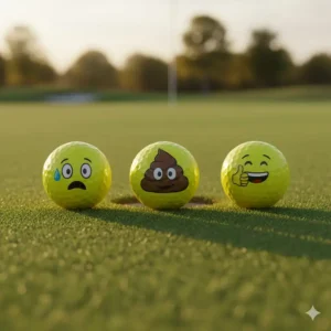 Three yellow emoji face funny golf balls on a green, showing different humorous expressions like a worried face and a thumbs-up.