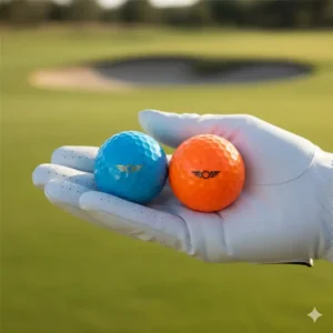 A golfer's hand holding a new blue and orange colored golf balls with a logo visible.