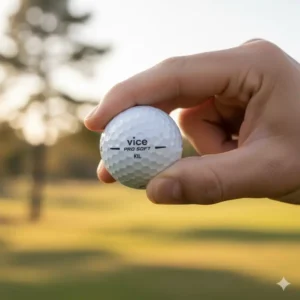 A golfer's hand holding a Vice Pro Soft golf ball, emphasizing the extremely soft feel and low 70 compression core designed for low-to-medium swing speeds.
