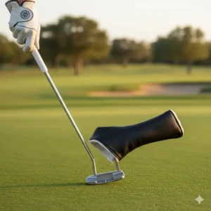 Image demonstrating the proper technique for removing a putter headcover to prevent stretching or damage to the neck of the putter.