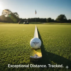 Measuring tape on the fairway showing the long distance achieved with pinnacle rush golf balls after a successful drive.