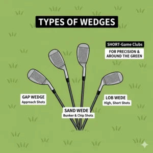 A comparison of the different types of golf Wedges—sand, lob, and gap wedges—used for short-game precision, essential for how many clubs are in a set of golf clubs.