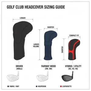 Diagram illustrating the different shapes and sizes of hybrid golf head covers compared to drivers and irons.