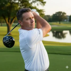 Golfer in a white donald ross golf shirts demonstrating full range of motion during a swing.