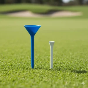 Comparison shot showing the height difference between a standard wooden tee and a longer, brightly colored martini tees for golf.