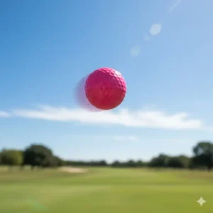Pink colored golf balls in mid-air trajectory against a bright blue sky after being hit off the tee.