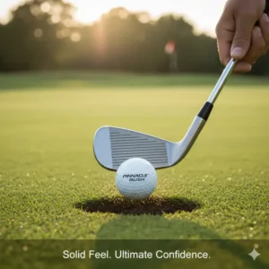 A golfer's iron making clean contact with one of the pinnacle rush golf balls on the grass, emphasizing responsive feel.