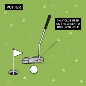 An image of a Putter on the green, the only club used to roll the ball directly into the hole, one element of how many clubs are in a set of golf clubs.