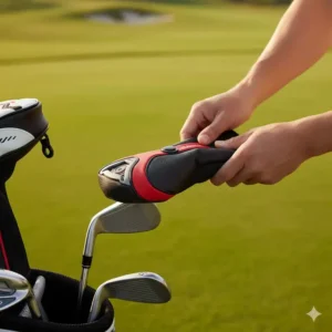 A golfer slipping an easy-on, magnetic closure hybrid golf head cover onto a utility club.