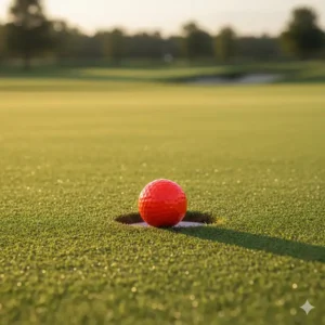 Red colored golf balls being used as a marker on the putting green near the hole.
