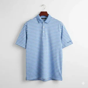 Stylish light blue and white striped donald ross golf shirts on a hanger.