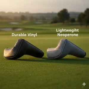 Comparison shot showing the texture difference between durable vinyl and lightweight neoprene golf putter covers.