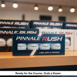 A retail box of one dozen pinnacle rush golf balls ready for purchase on a shelf or display stand.