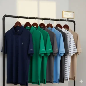 Detail shot of the three-button placket and meticulous stitching on authentic donald ross golf shirts.