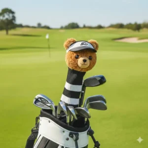 A fun, novelty animal-shaped hybrid hybrid golf head cover on the golf course.