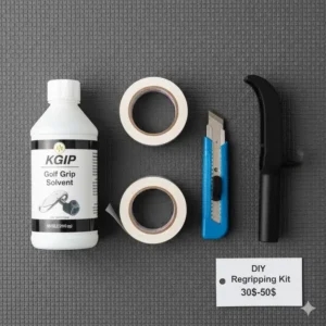DIY golf club regripping kit with solvent, tape, and a rubber vise clamp, representing the upfront supply cost impacting how much does it cost to regrip golf clubs.