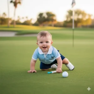 A smiling baby crawling in their infant golf outfit set baby golf outfit newborn golf outfit.