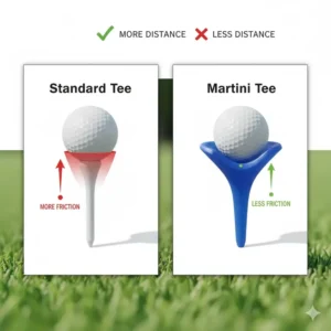 Illustrative diagram explaining how the minimal contact point of the martini tees for golf reduces friction at impact.
