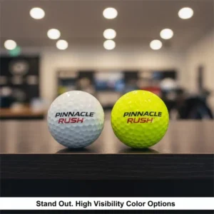 Two new pinnacle rush golf balls, one in traditional white and the other in high-visibility optic yellow.