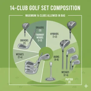 Chart detailing the common composition and types of clubs that make up the maximum 14 clubs allowed in a golf set, explaining how many clubs are in a set of golf clubs.