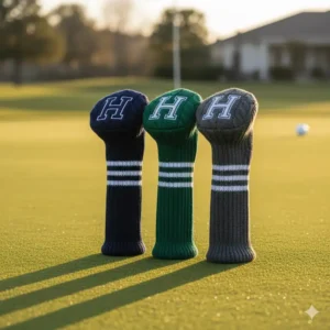 A coordinated set of knit hybrid golf head covers in various colors for matching your golf bag accessories.