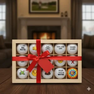 A complete gift box featuring a dozen funny golf balls with mixed jokes and sayings, ideal as a birthday or holiday present for a golfer.