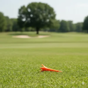 A brightly colored martini tees for golf lying on the grass, showing its undamaged state after being struck, emphasizing reusability.
