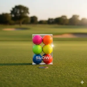 Six pack of brand-new, assorted colored golf balls displayed in a retail box.