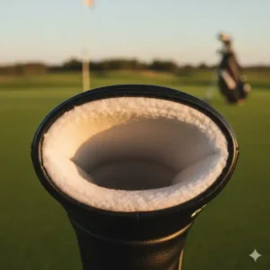 A view inside the putter headcover showing the thick, soft, plush lining designed to prevent scratches on the club face.