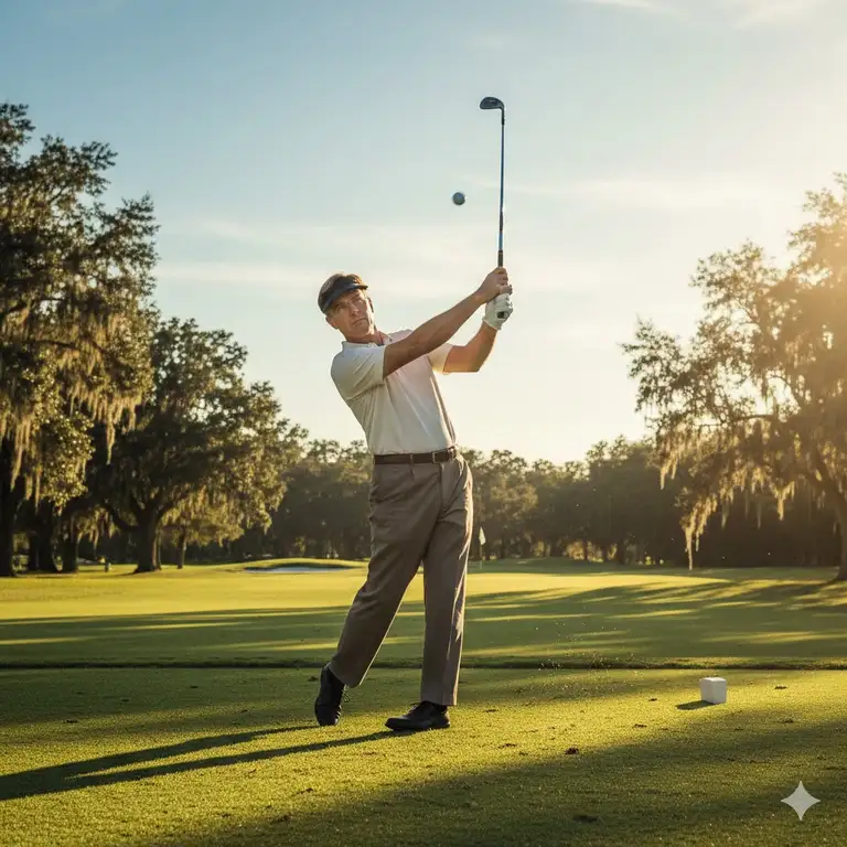 Arnold Palmer, the arnold palmer golf legend, completing his powerful, distinctive swing on a lush green course.