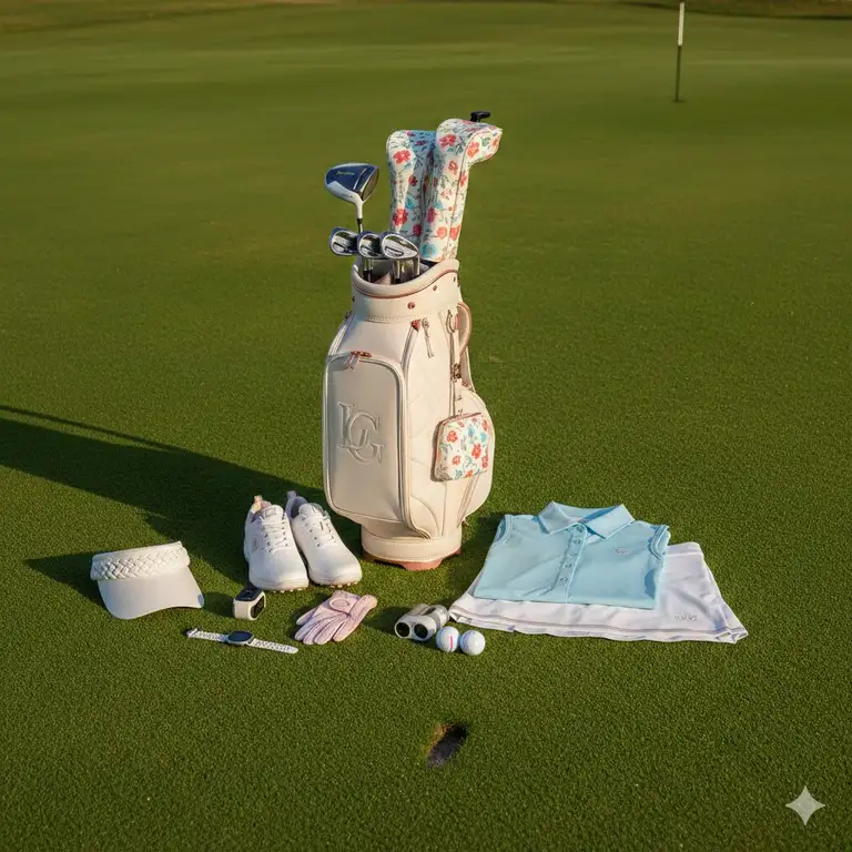 A curated collection of essential ladies golf items including a stylish leather bag, graphite clubs, and matching headcovers.
