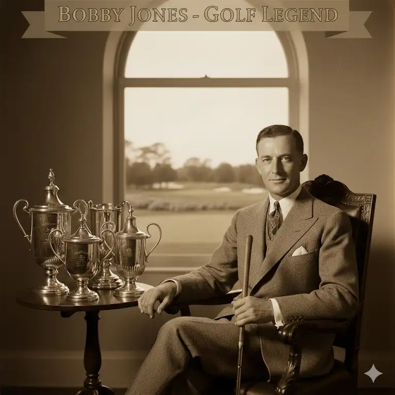 A portrait of the legendary amateur champion, Bobby Jones golf icon, seated with his major championship trophies.