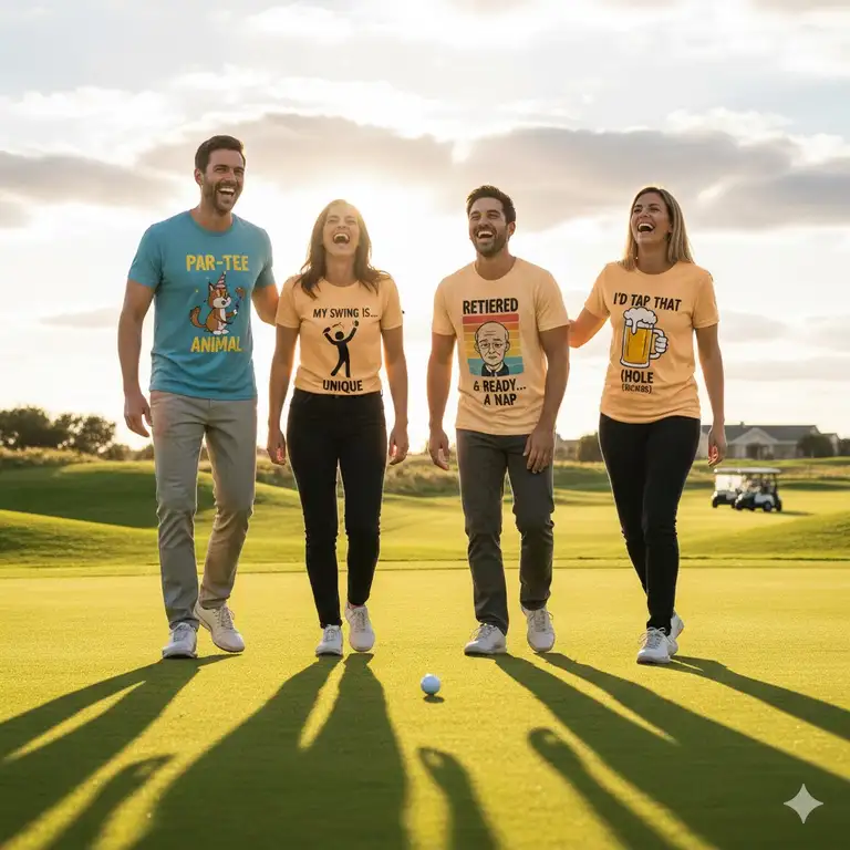 A group of cheerful friends on a green wearing various funny golf tee shirts.
