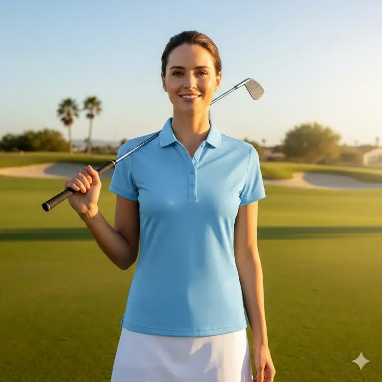 A model wearing a light blue women's golf polo shirt with performance fabric and a classic four-button placket on a sunny course.