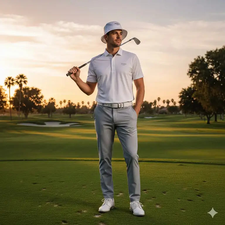 A stylish golfer wearing a complete outfit featuring a malbon golf hat malbon golf pants on a sunny course.