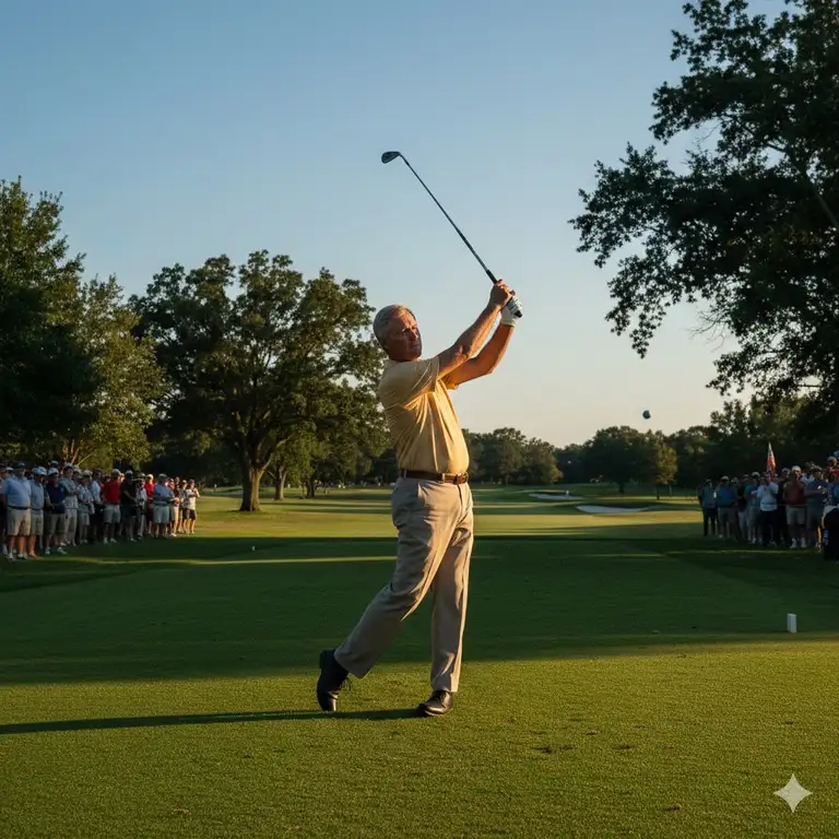 The legendary Jack Nicklaus, nicknamed the Golden Bear, executes a powerful swing during a round of jack nicklaus golf.